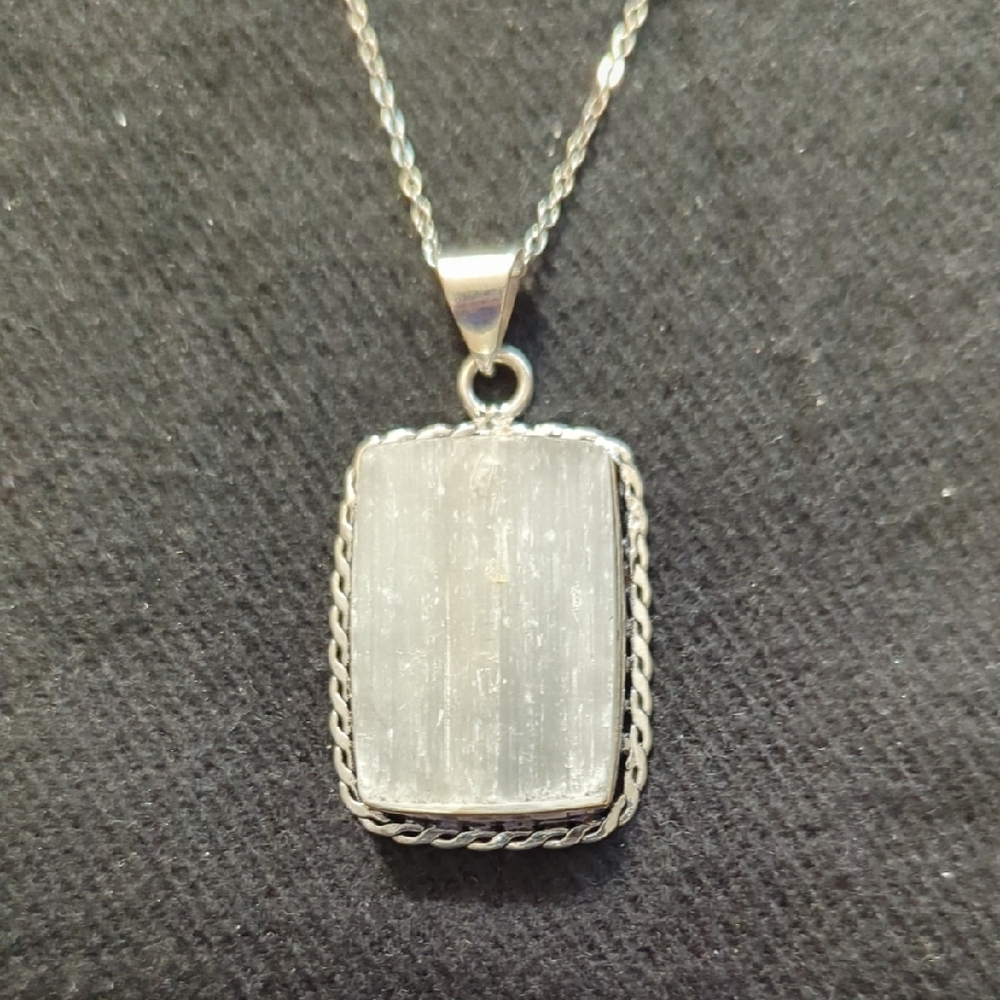 Silver Plated Raw White Tourmaline Gemstone Rectangle Pendant Statement Necklace